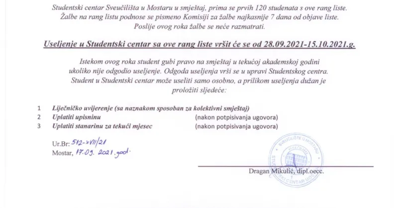REZULTATI NATJEČAJA ZA PRIJEM BRUCOŠA U STUDENTSKI CENTAR MOSTAR 4