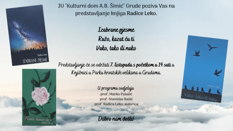 NAJAVA – Predstavljanje knjiga Radice Leko u knjižnici KD Grude