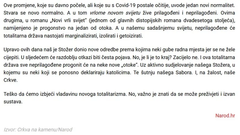 'Crkva na kamenu' prenijela kolumnu u kojoj napada Crkvu da šuti