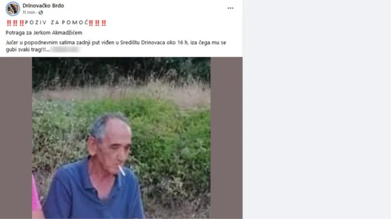 U tijeku je potraga za Jerkom Akmadžićem, zadnji put viđen u središtu Drinovaca jučer oko 16 sati