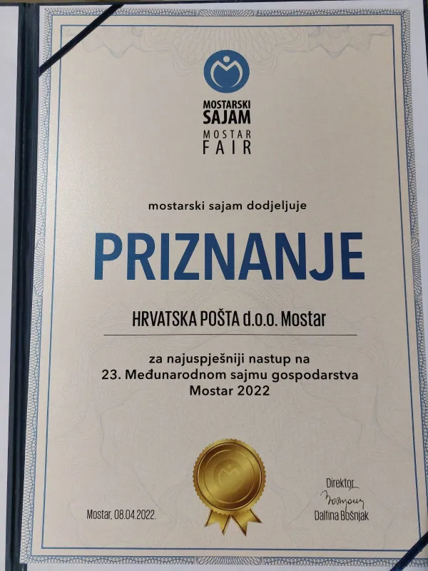 Hrvatska posta Mostar dobila priznanje za najuspješniji nastup na 23. Međunarodnom sajmu gospodarstva Mostar