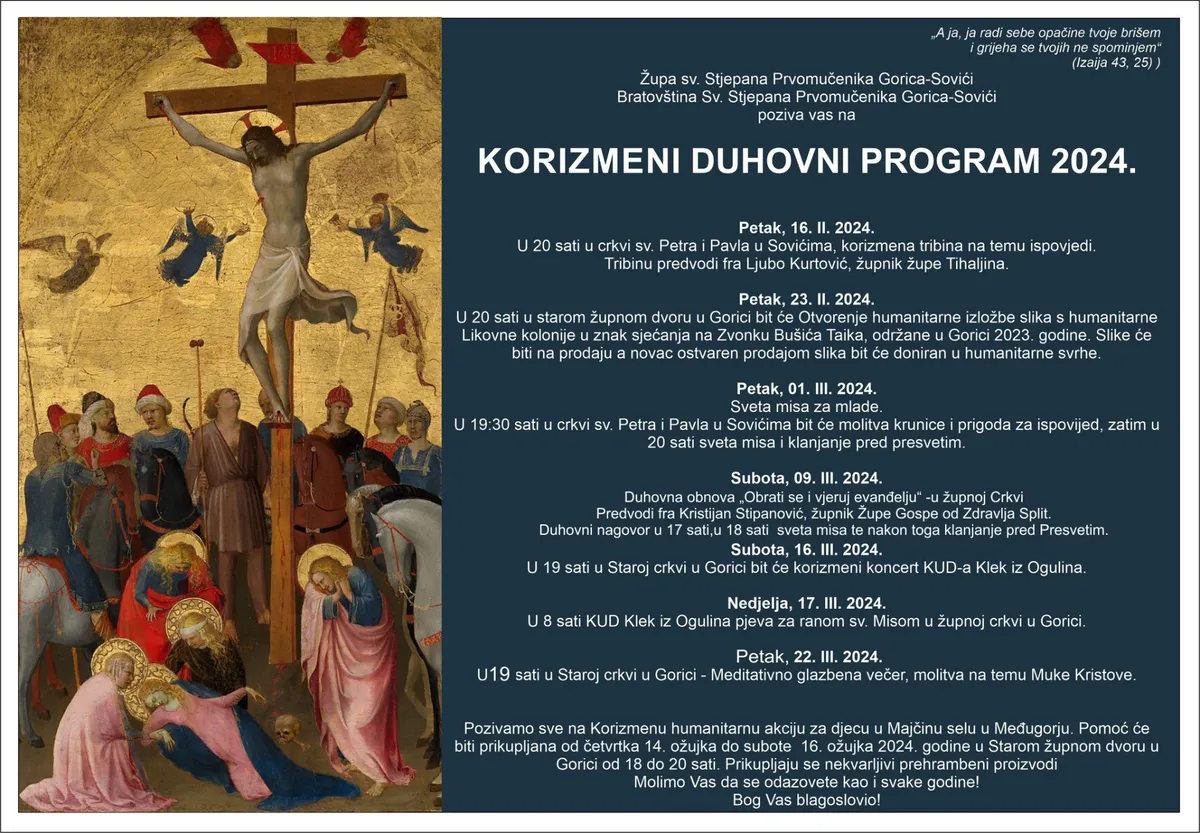 NAJAVA: Korizmeni duhovni program u župi Gorica-Sovići 2024.