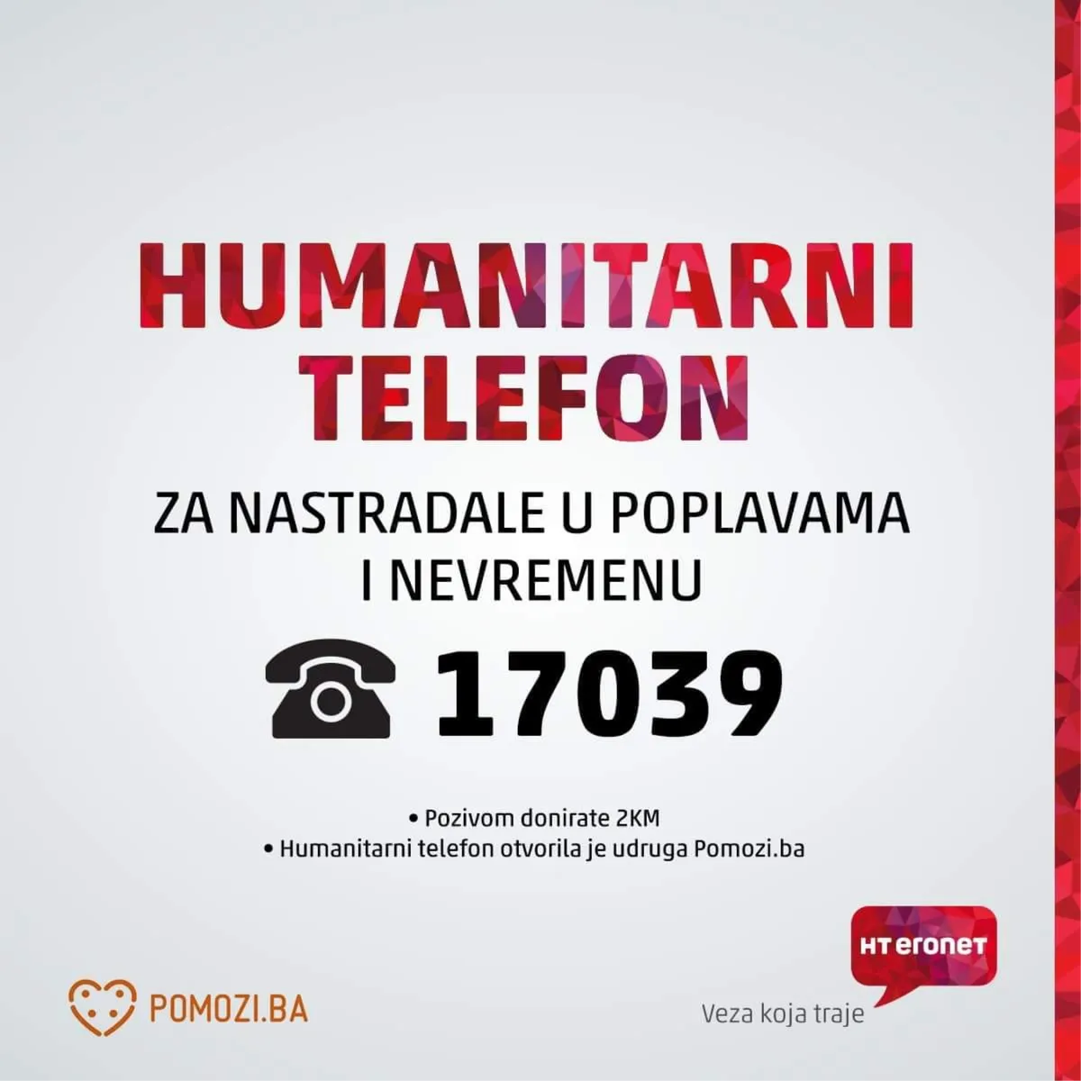 KATASTROFALNE POPLAVE U BiH: HT Eronet donirao SIM kartice i uređaje, prilagodio infrastrukturu, odrekao se prihoda od hum. telefona 2