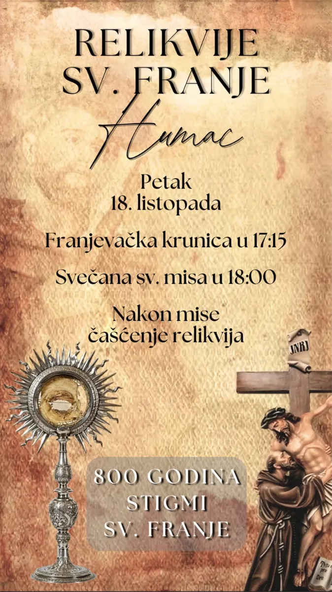 Relikvija prvog stupnja sv. Franje Asiškog će biti izložena na Humcu