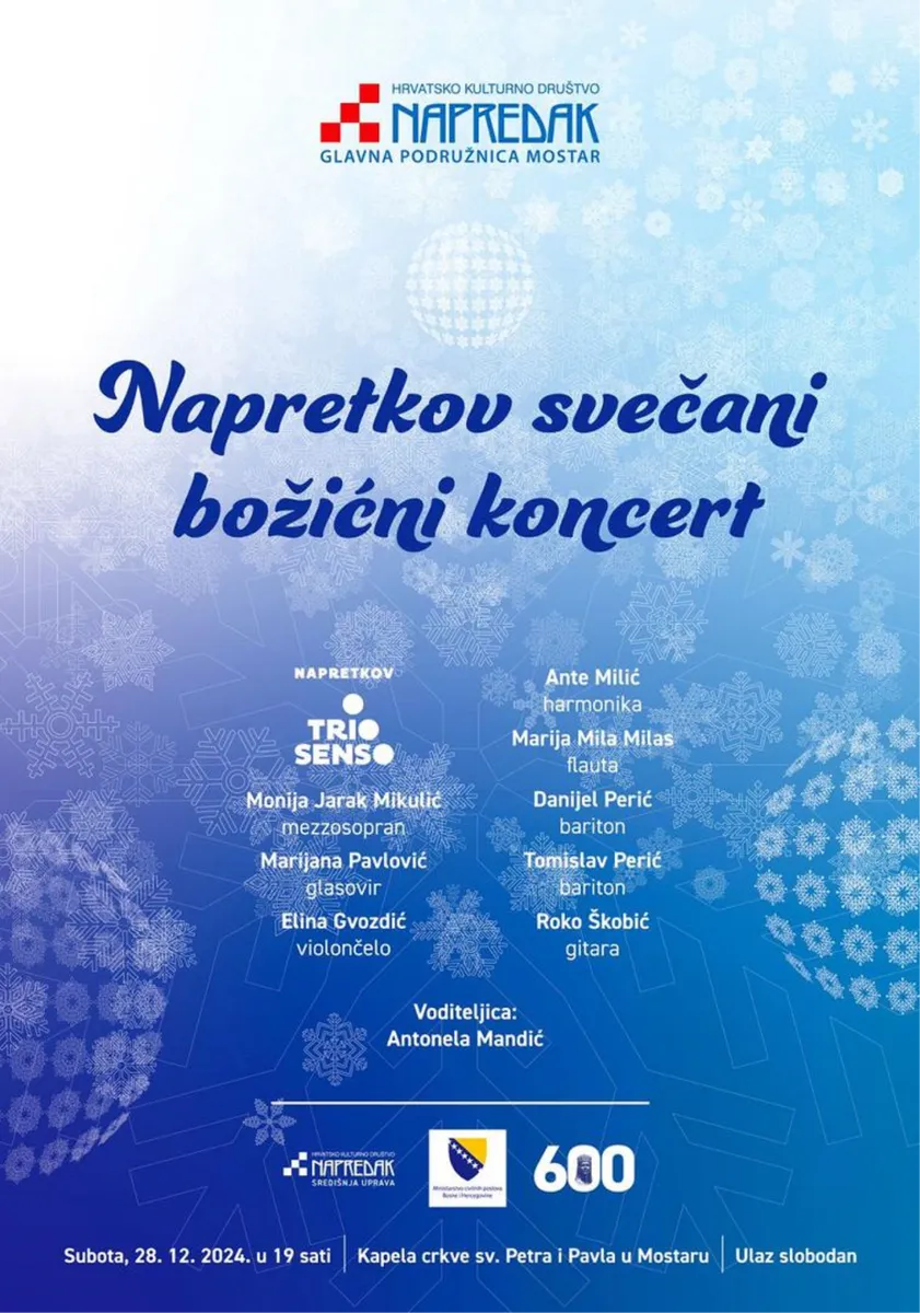 Napretkov svečani božićni koncert u Mostaru održat će se u subotu 28. prosinca 2024.