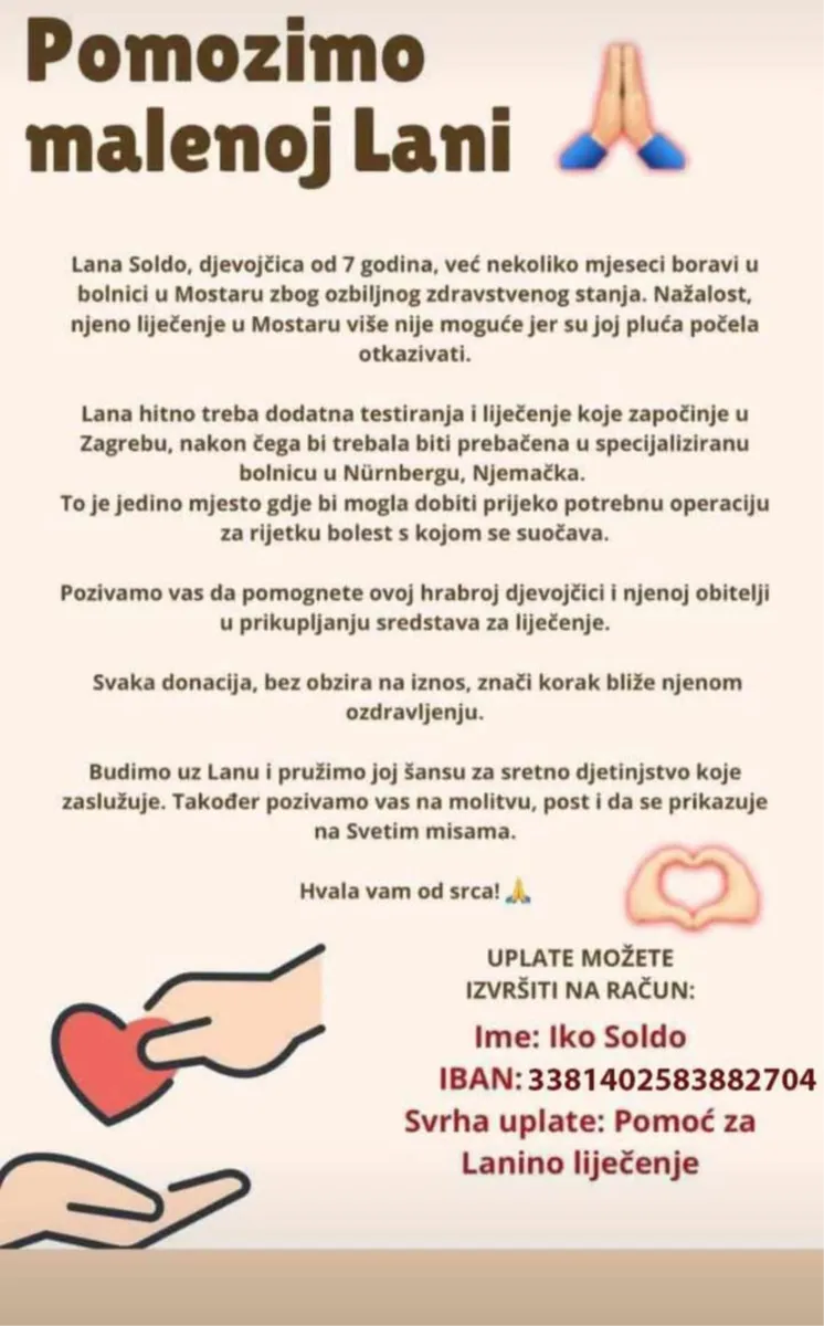 Uključimo se u akciju prikupljanja sredstava za liječenje Lane Soldo 1