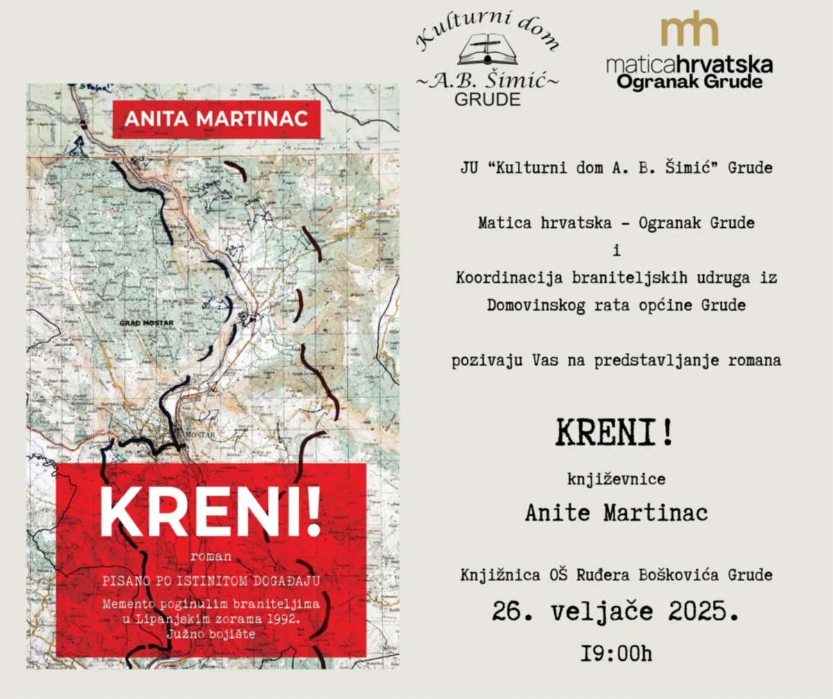Anita Martinac u Grudama predstavlja roman Kreni! - Memento poginulim braniteljima u Lipanjskim zorama 1992.
