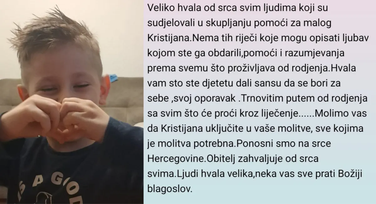 Obitelj malenoga Kristijana Grubišića zahvaljuje na pomoći, molitvama..