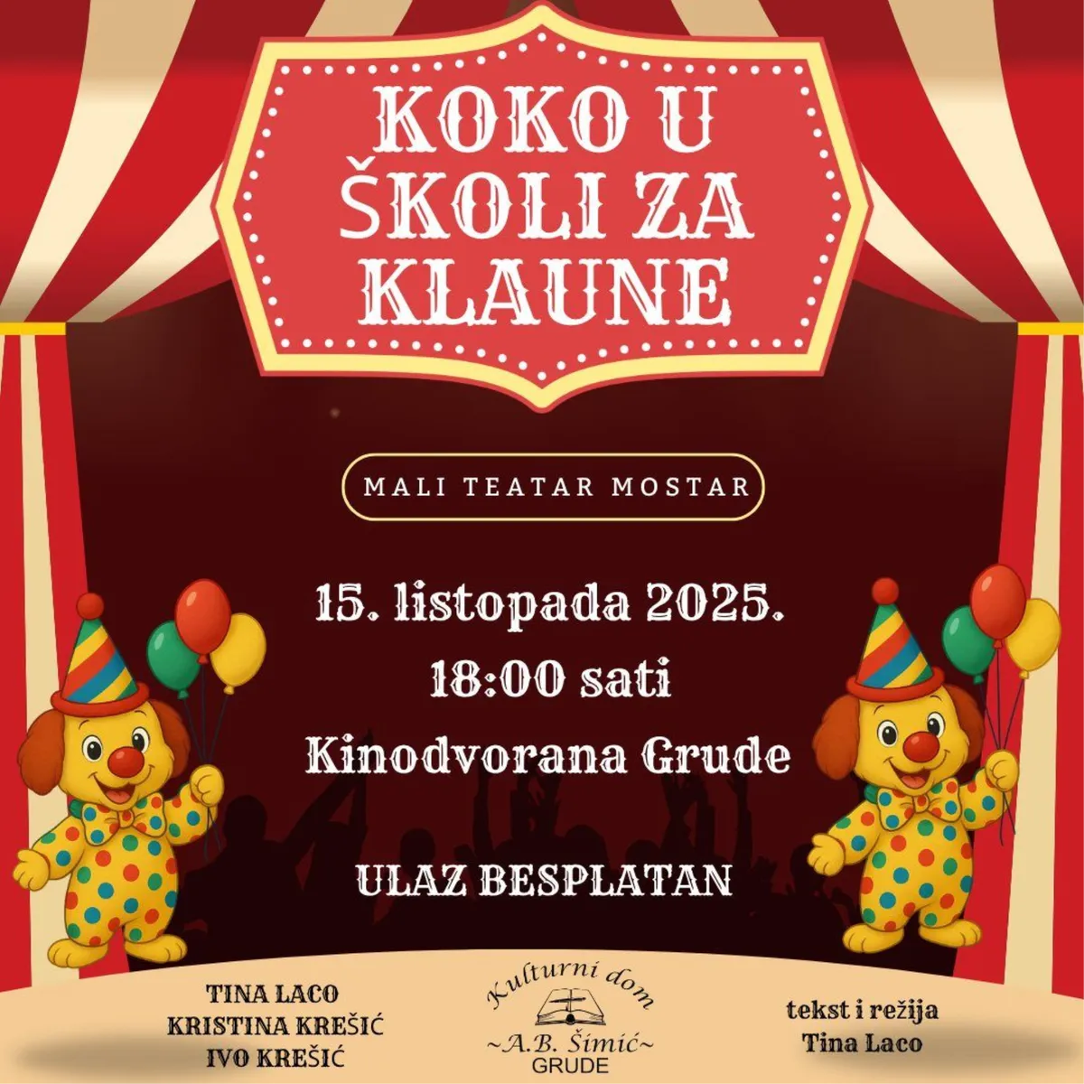 Najava dječje predstave ''Koko u školi za klaune'' u Kinu Grude