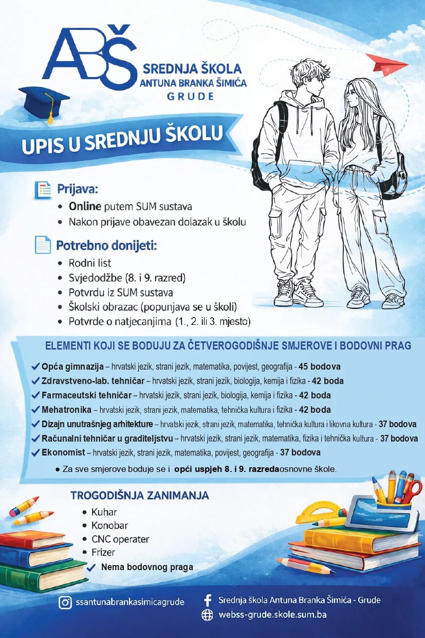 Srednja škola Grude: Upisi za školsku godinu 2026./2027. 1