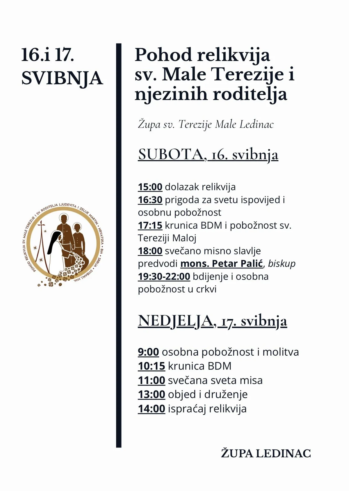 RELIKVIJE SVETE MALE TEREZIJE I NJEZINIH RODITELJA POHODIT ĆE LEDINAC 16. I 17. SVIBNJA 1